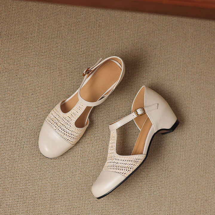 Julie Genuine Leather T-Strap Woven Heels