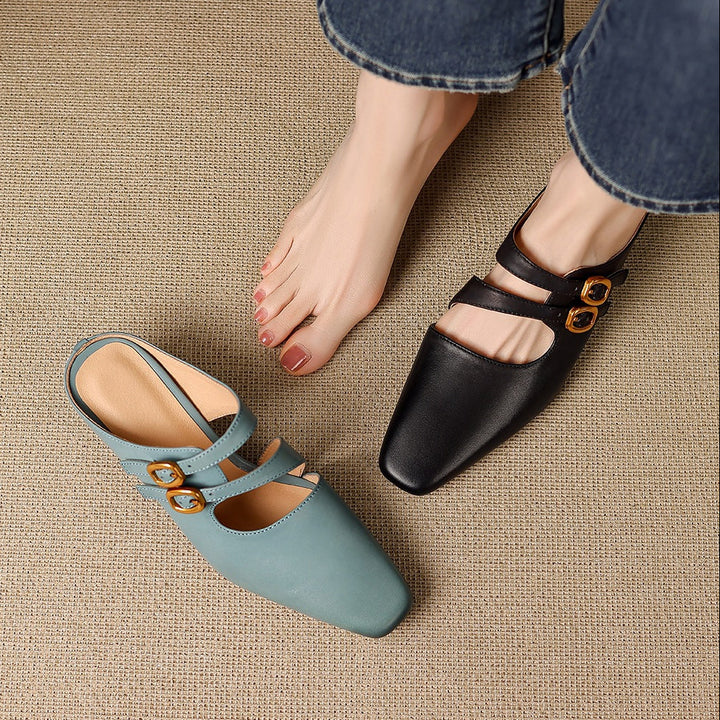 Adele Genuine Leather Dual-Strap Mules