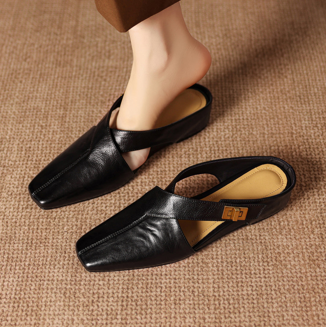 Rea Genuine Leather Square-Toe Mule Pumps
