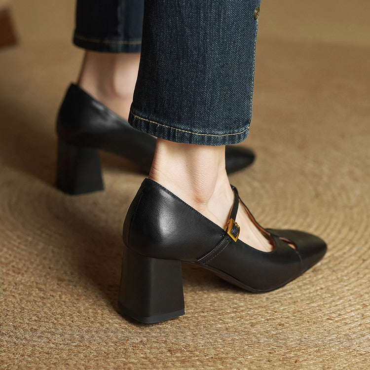 Yuna Genuine Leather T-Strap Mary-Jane Heels