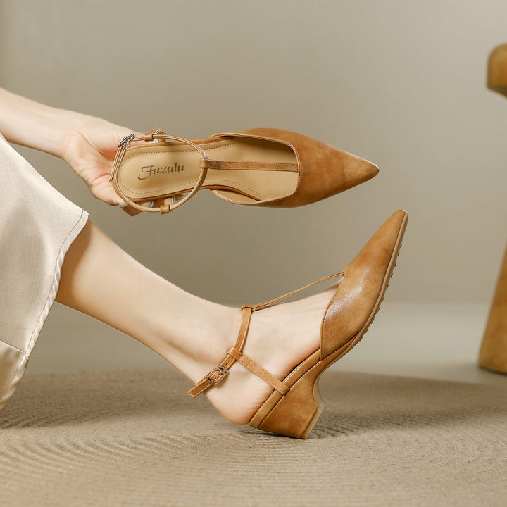 Nelsy Premium Leather T-Strap Slingback Heels