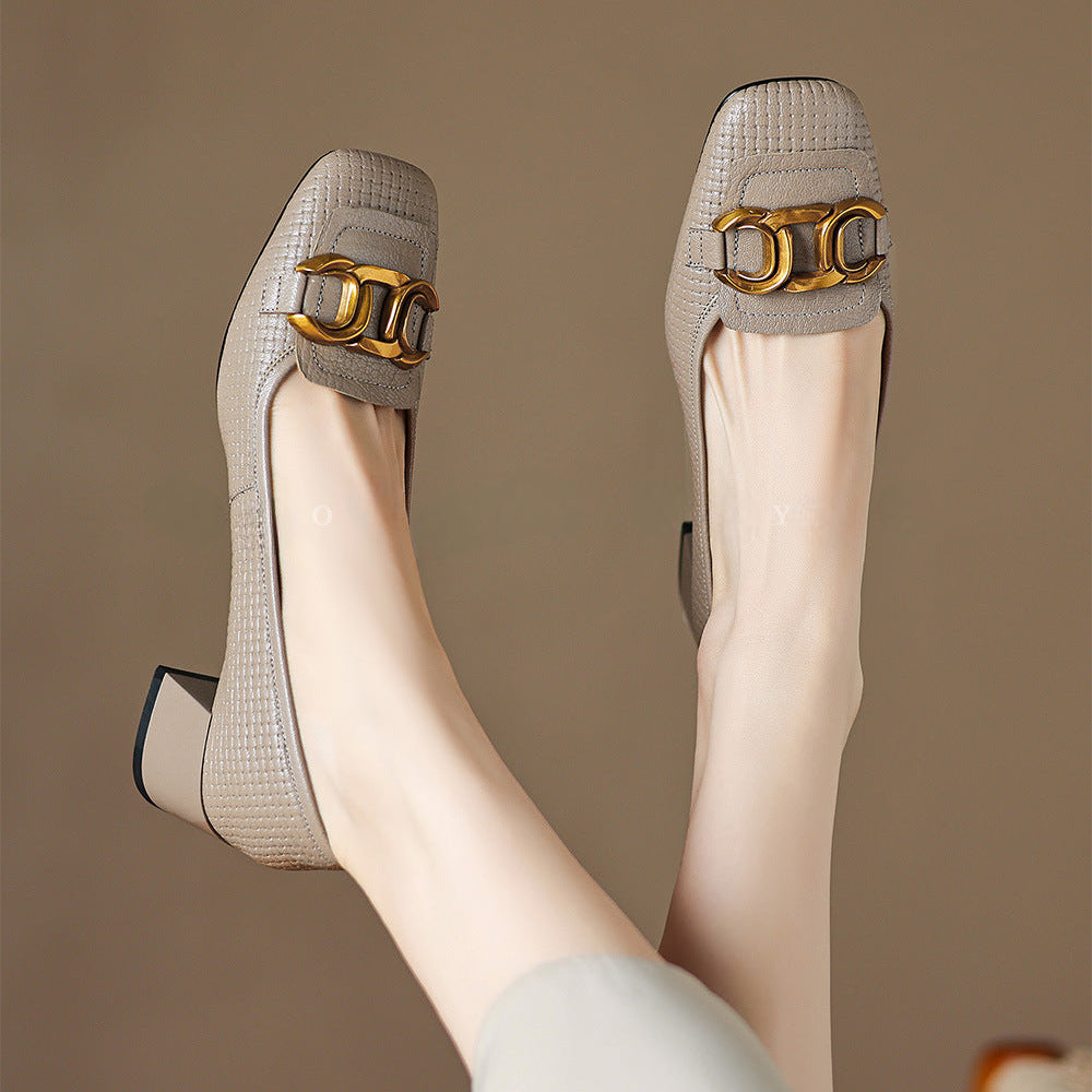 Soho Genuine Leather Block Heel Pumps