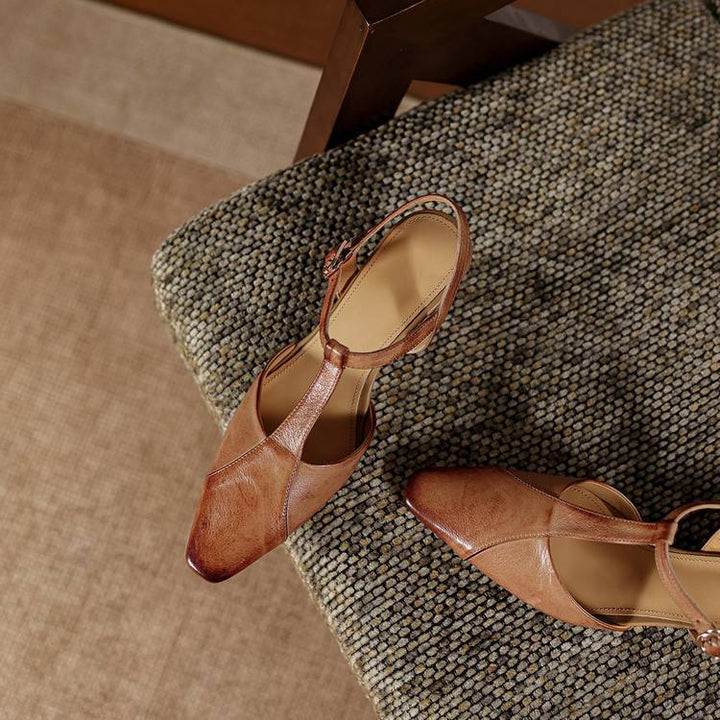 Elain Genuine Leather T-Strap Slingback Heels