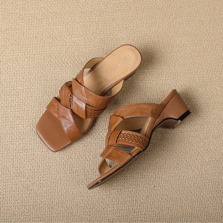 Solae Genuine Leather Square-Toe Slide Sandals