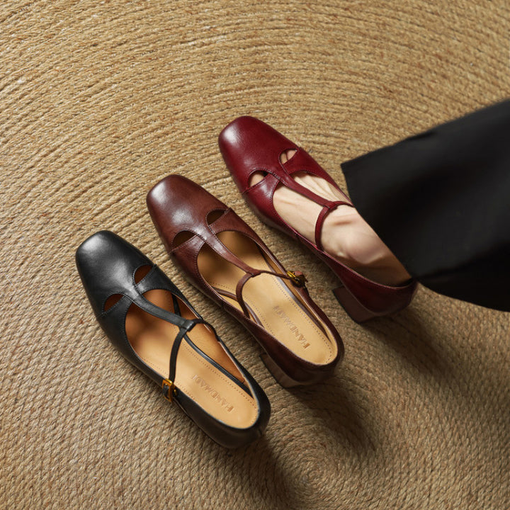 Yuna Genuine Leather T-Strap Mary-Jane Heels