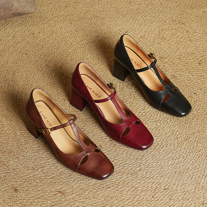 Yuna Genuine Leather T-Strap Mary-Jane Heels