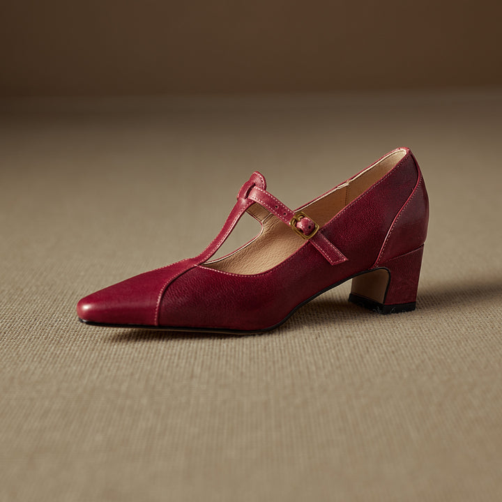 Rovena Genuine Leather T-Strap Heel Pumps