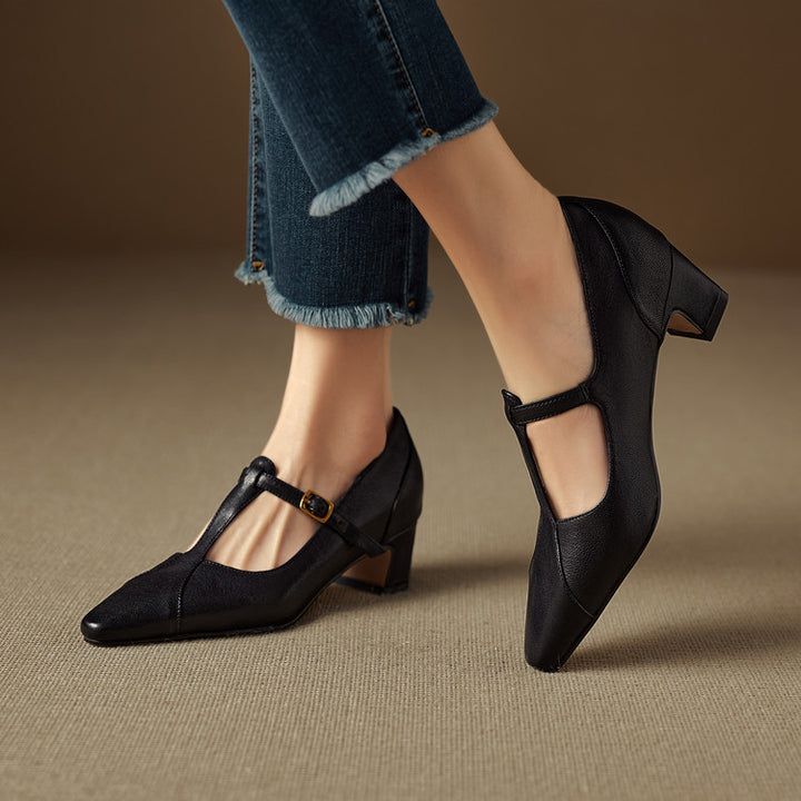 Rovena Genuine Leather T-Strap Heel Pumps