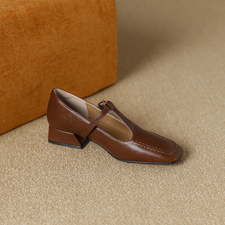 Velora Genuine Leather Square-Toe Mary Jane Pumps