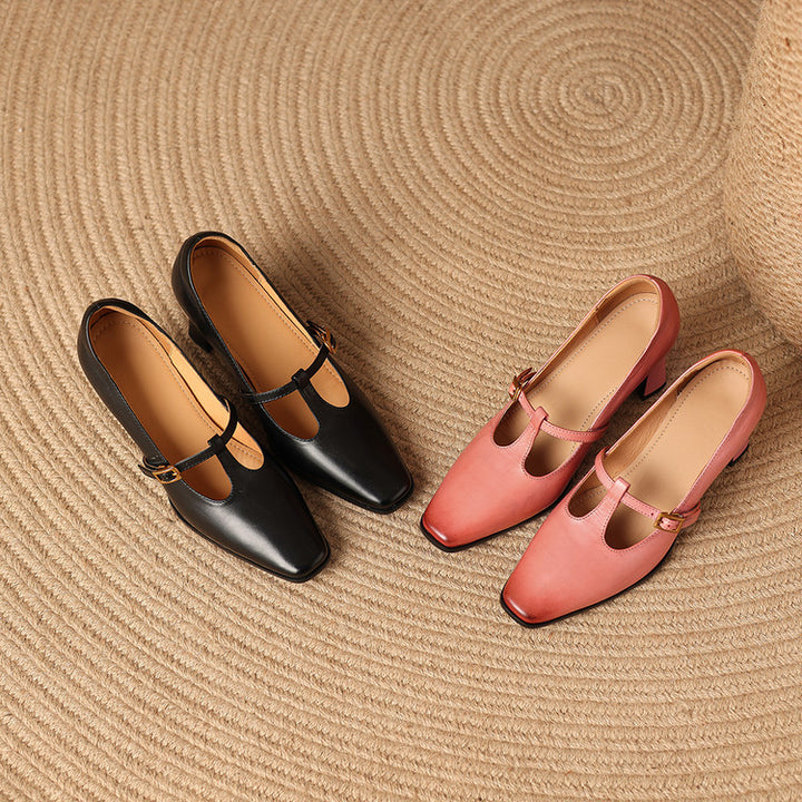 Elodie Genuine Leather T-Strap Heel Pumps