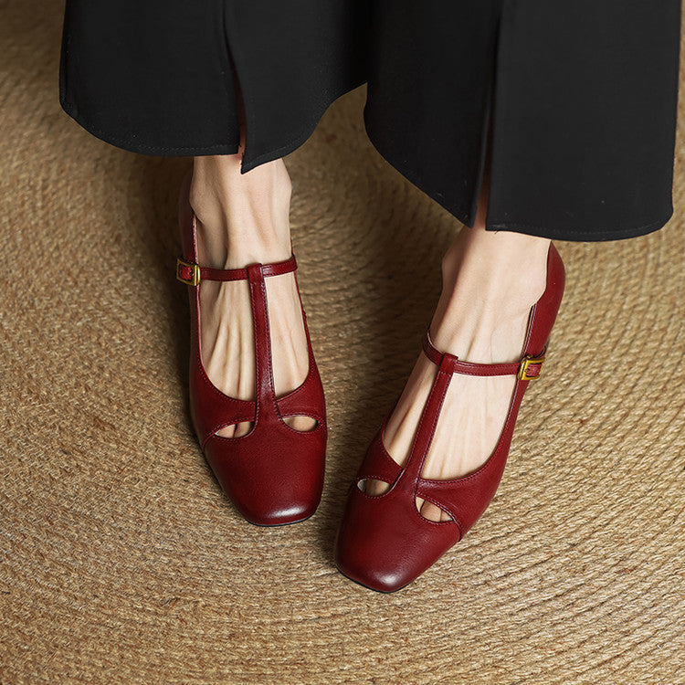 Yuna Genuine Leather T-Strap Mary-Jane Heels