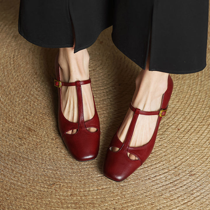 Yuna Genuine Leather T-Strap Mary-Jane Heels