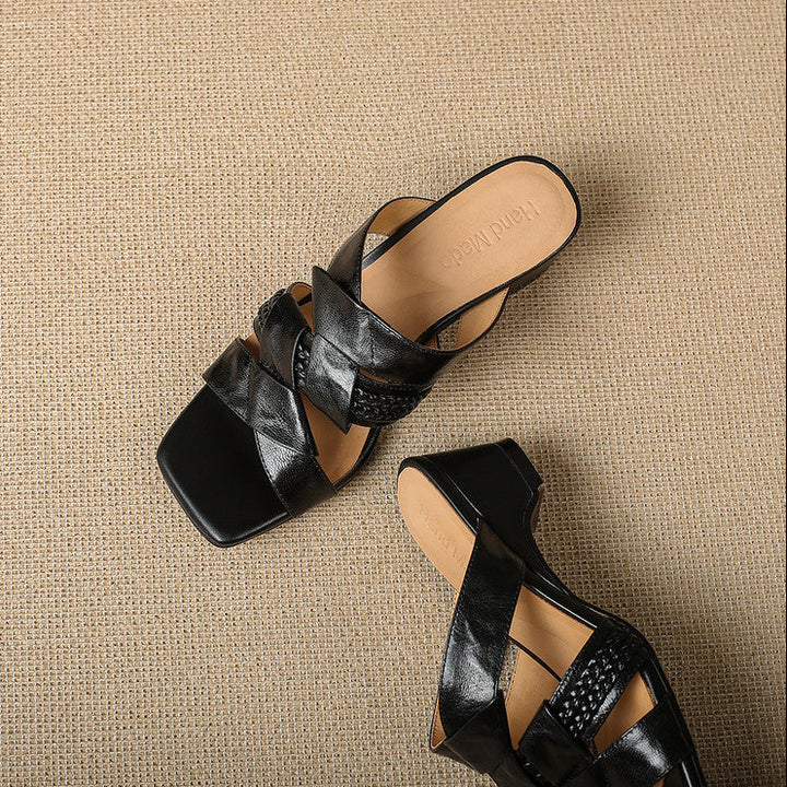 Solae Genuine Leather Square-Toe Slide Sandals