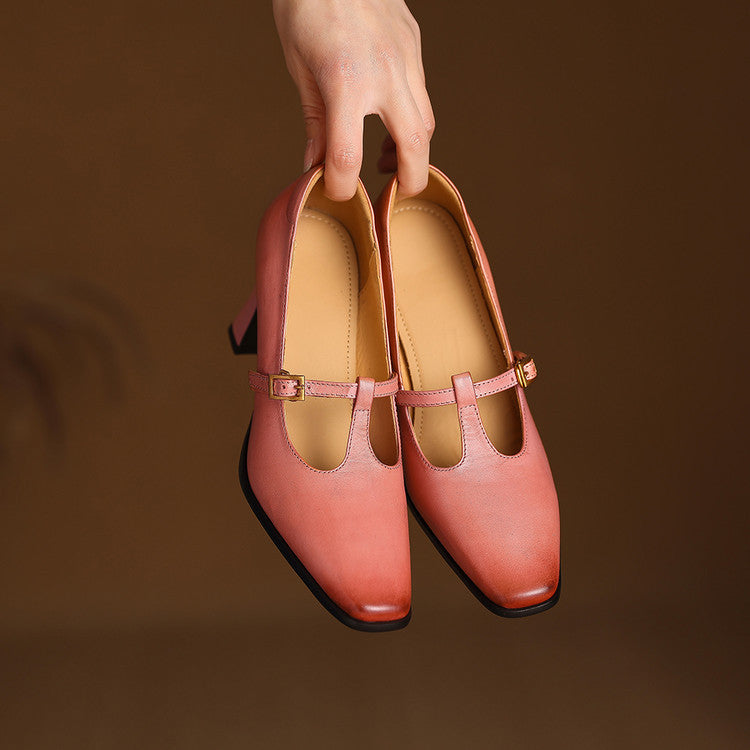 Elodie Genuine Leather T-Strap Heel Pumps