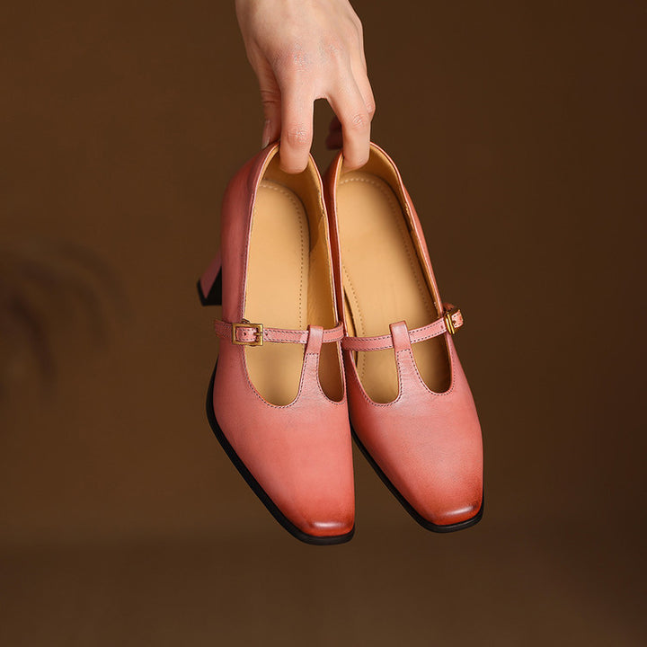 Elodie Genuine Leather T-Strap Heel Pumps