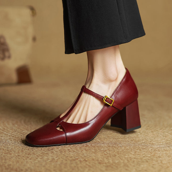 Yuna Genuine Leather T-Strap Mary-Jane Heels