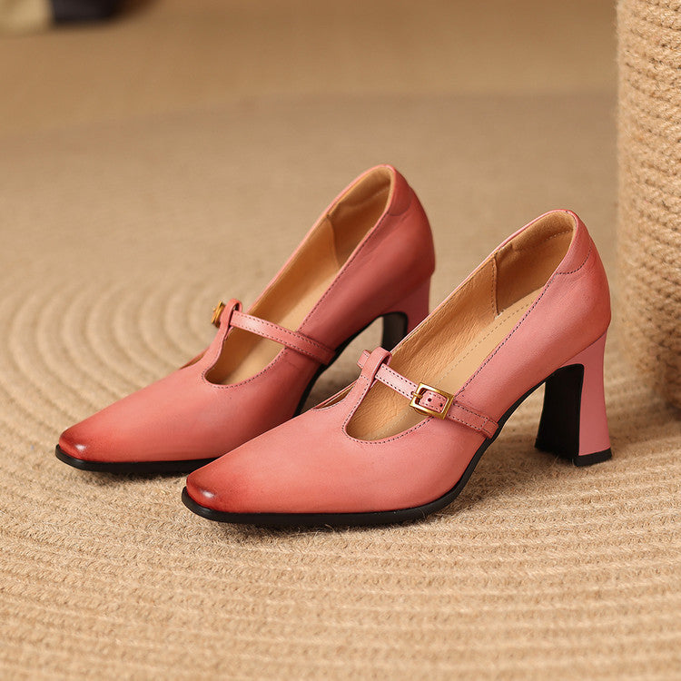 Elodie Genuine Leather T-Strap Heel Pumps