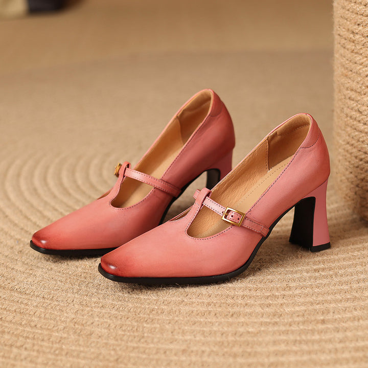 Elodie Genuine Leather T-Strap Heel Pumps