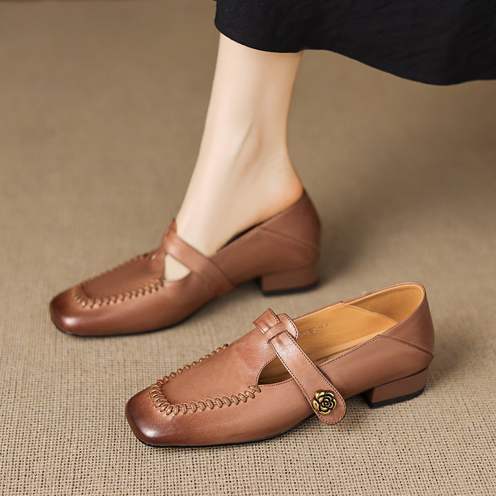 Krea Genuine Leather Whipstitch T-Strap Pumps