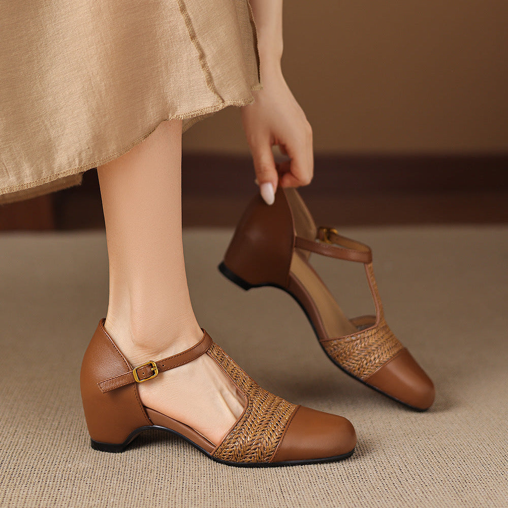 Julie Genuine Leather T-Strap Woven Heels