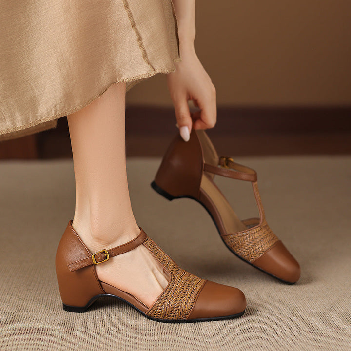 Julie Genuine Leather T-Strap Woven Heels