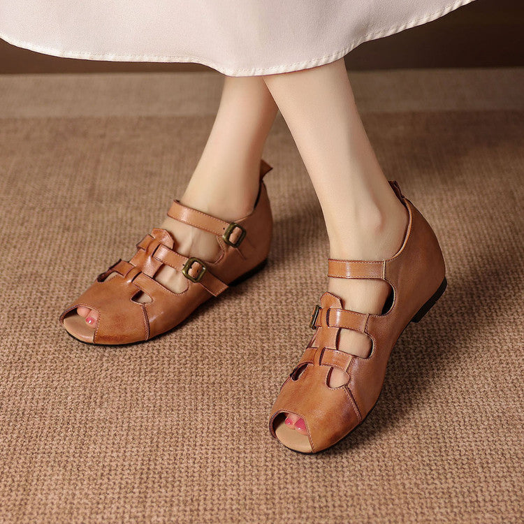 Caira Genuine Leather Peep-Toe Fisherman Sandals