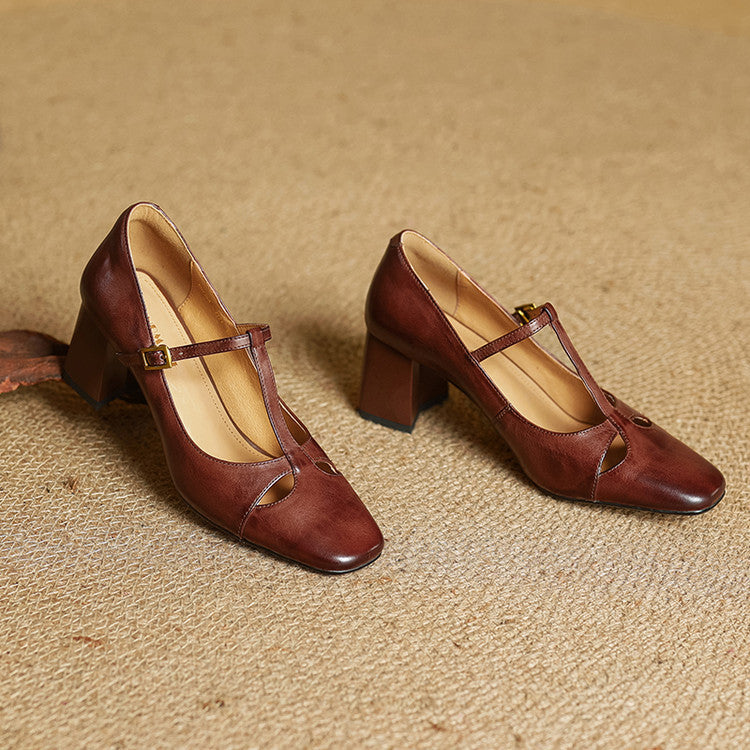 Yuna Genuine Leather T-Strap Mary-Jane Heels
