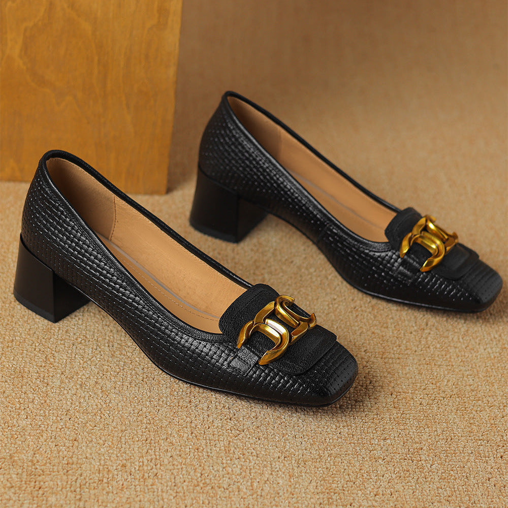 Soho Genuine Leather Block Heel Pumps