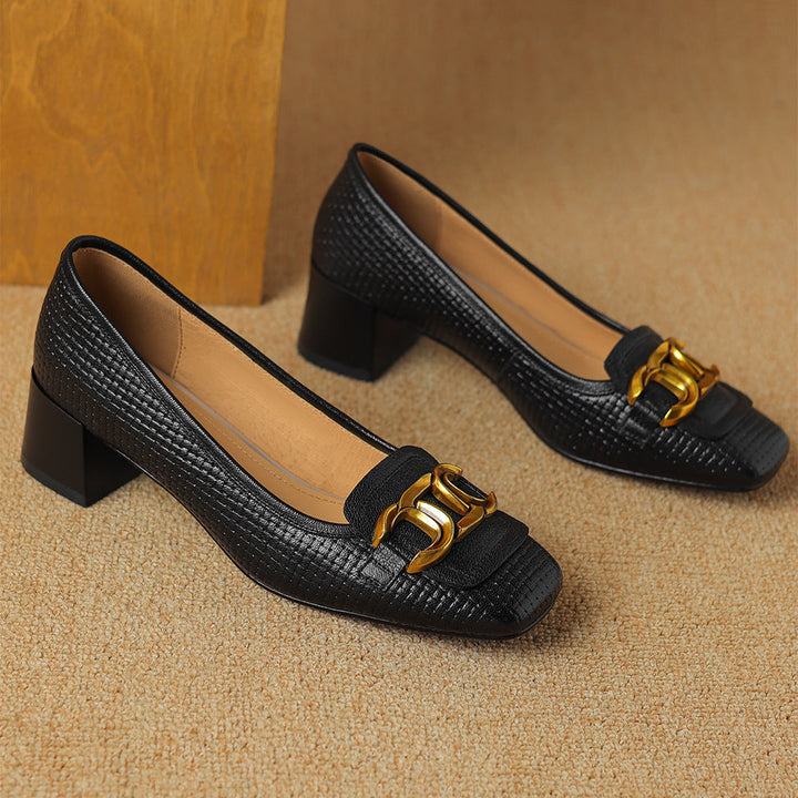 Soho Genuine Leather Block Heel Pumps