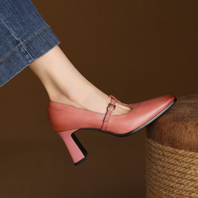 Elodie Genuine Leather T-Strap Heel Pumps