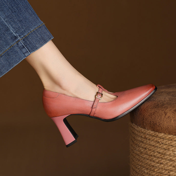 Elodie Genuine Leather T-Strap Heel Pumps