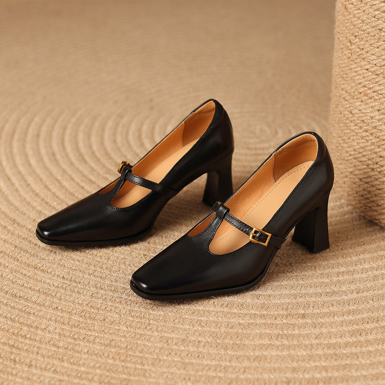 Elodie Genuine Leather T-Strap Heel Pumps