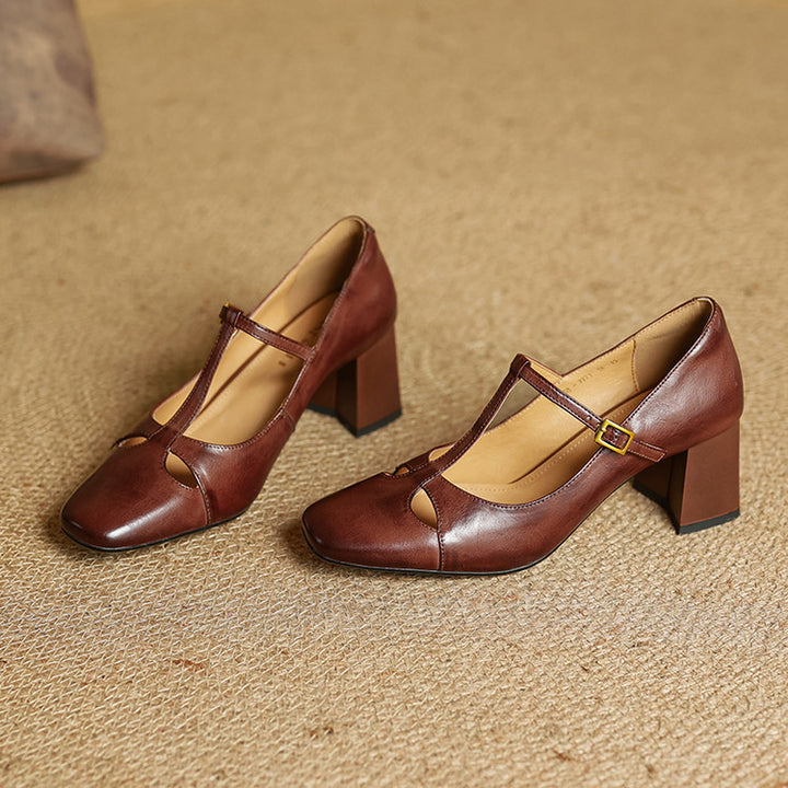 Yuna Genuine Leather T-Strap Mary-Jane Heels