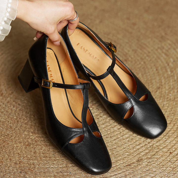 Yuna Genuine Leather T-Strap Mary-Jane Heels