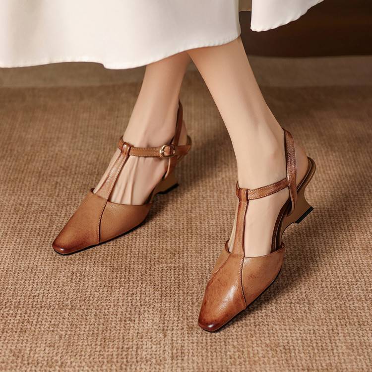 Elain Genuine Leather T-Strap Slingback Heels