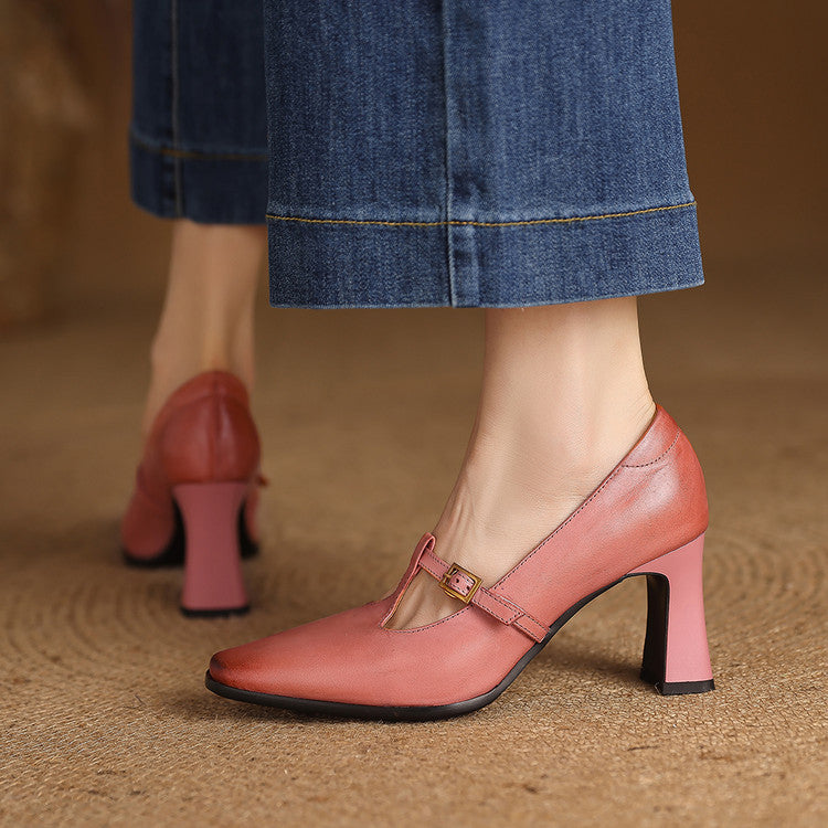 Elodie Genuine Leather T-Strap Heel Pumps