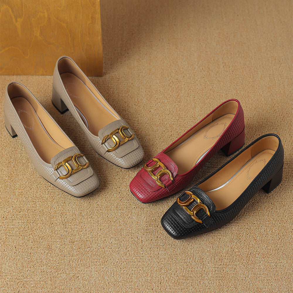 Soho Genuine Leather Block Heel Pumps