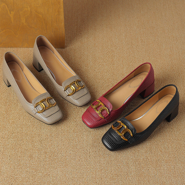 Soho Genuine Leather Block Heel Pumps