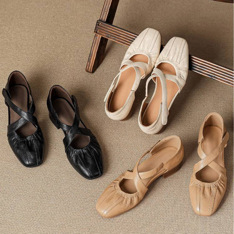 Odie Genuine Leather Cross Strap Flats