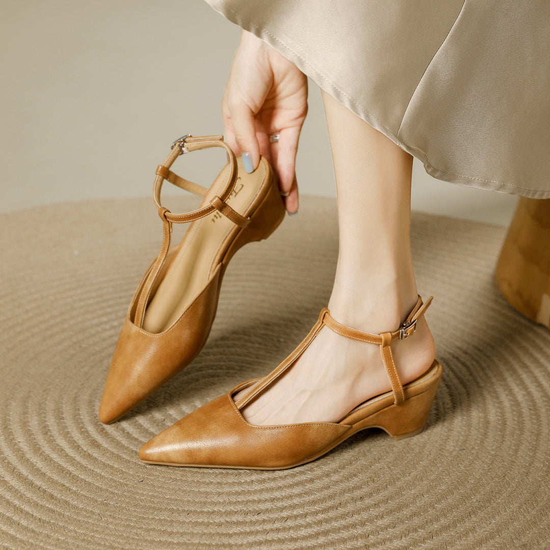 Nelsy Premium Leather T-Strap Slingback Heels