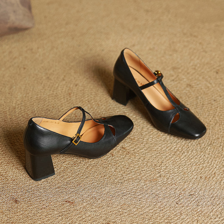 Yuna Genuine Leather T-Strap Mary-Jane Heels