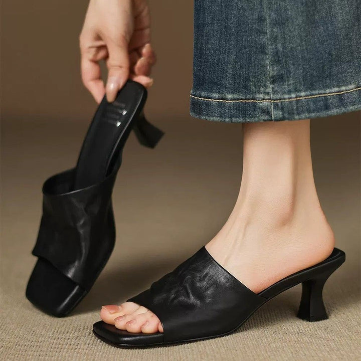 Esme Genuine Leather Open-Toe Mule Heels
