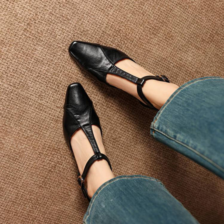 Elain Genuine Leather T-Strap Slingback Heels