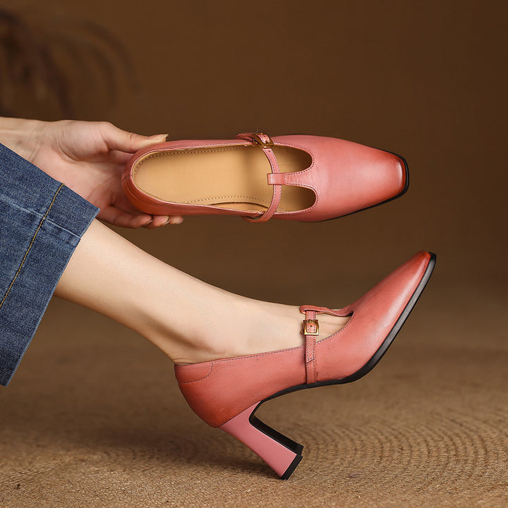 Elodie Genuine Leather T-Strap Heel Pumps