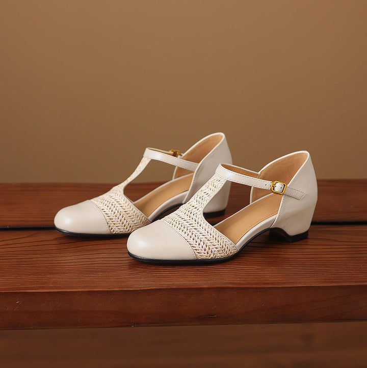 Julie Genuine Leather T-Strap Woven Heels