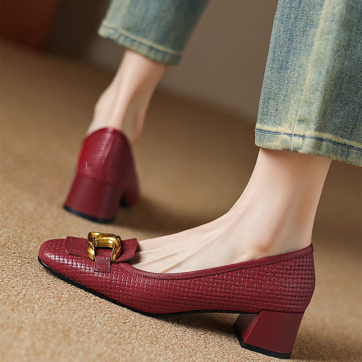 Soho Genuine Leather Block Heel Pumps