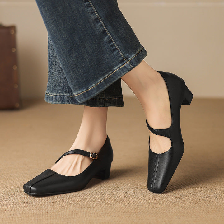 Celes Square Toe Leather Mary Jane Pumps