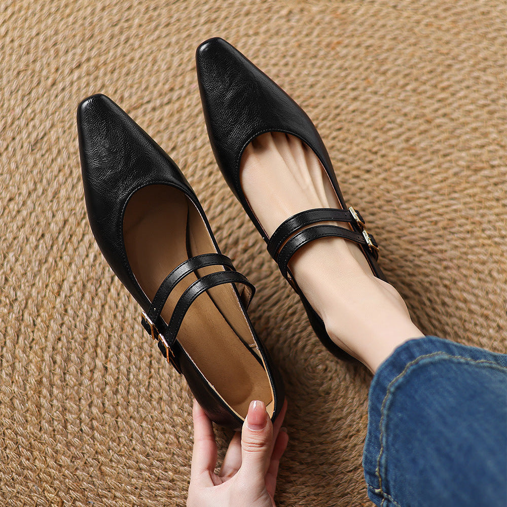 Noel Genuine Leather Dual-Strap Mary Jane Flats