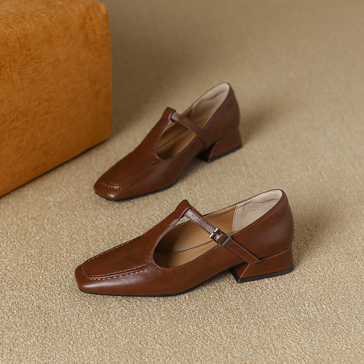 Velora Genuine Leather Square-Toe Mary Jane Pumps