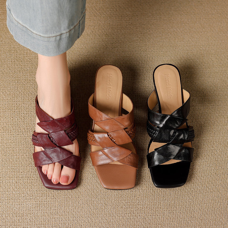 Solae Genuine Leather Square-Toe Slide Sandals